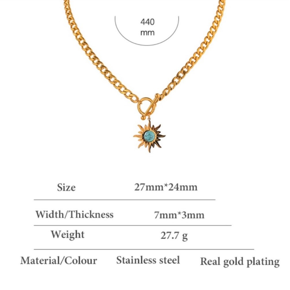 ๐ 18k Gold Sunburst Pendant Charm Necklace, Chunky Curb Chain Toggle Necklace - Picture 10 of 14